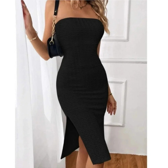 Contemporary Split Thigh Tube Bodycon Dress black - Picture 1 of 5